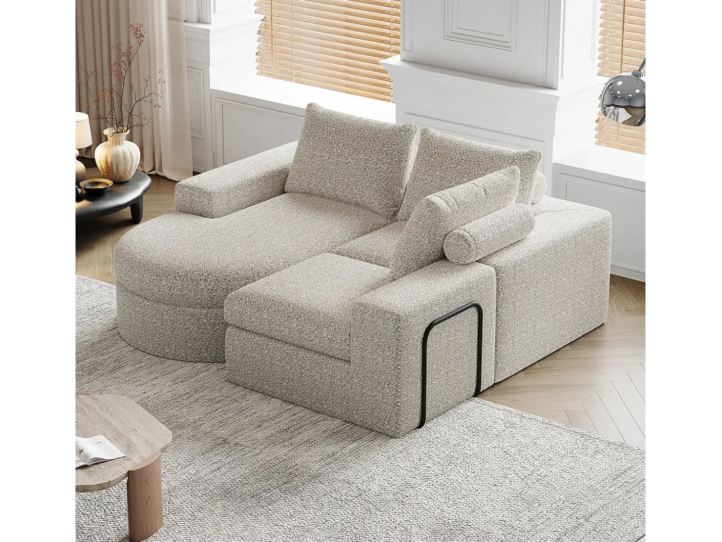 Sofá esquinero beige - Sofá de 3 plazas con 3 cojines y 2 reposacabezas - chenilla