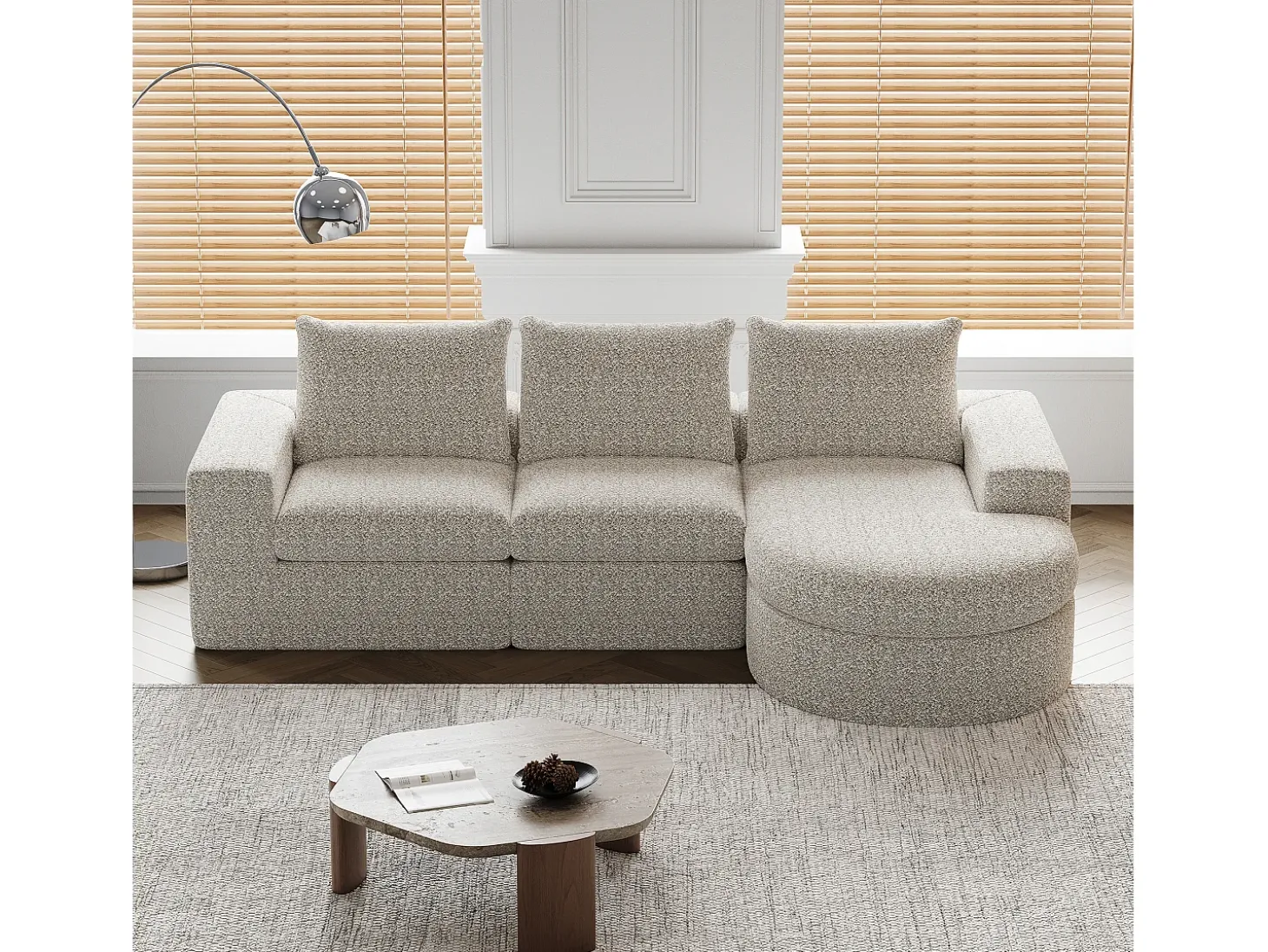Sofá esquinero beige - Sofá de 3 plazas con 3 cojines y 2 reposacabezas - chenilla