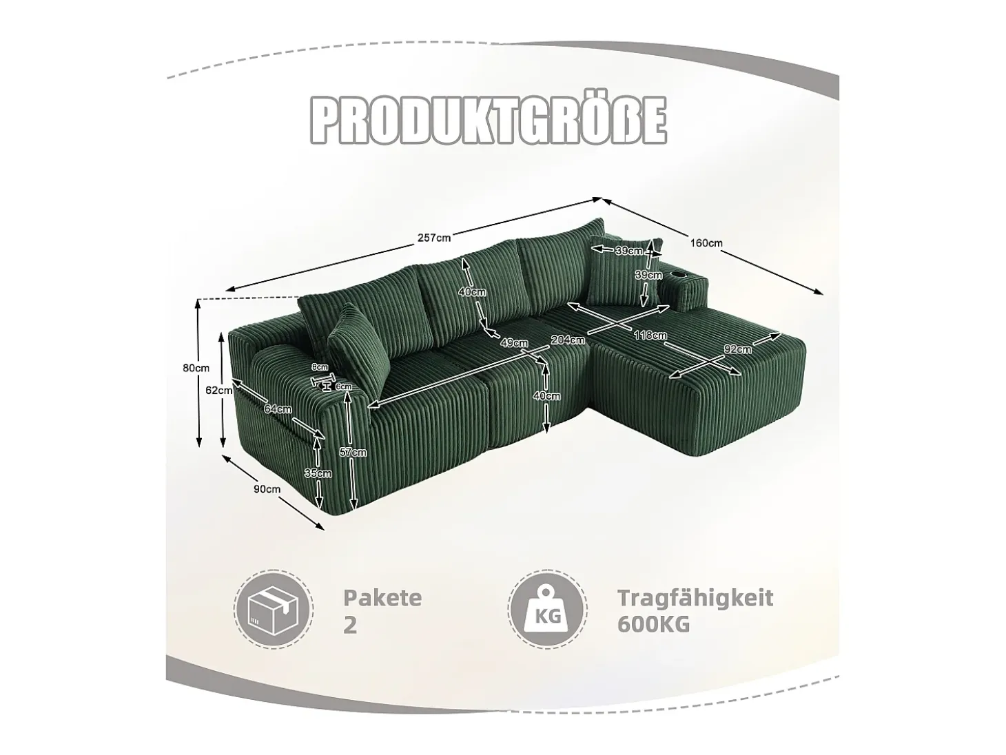 Sofá esquinero con portavasos - Sofá de 3 plazas con cinco cojines y bolsillos laterales - pana verde