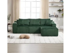 Sofá esquinero con portavasos - Sofá de 3 plazas con cinco cojines y bolsillos laterales - pana verde