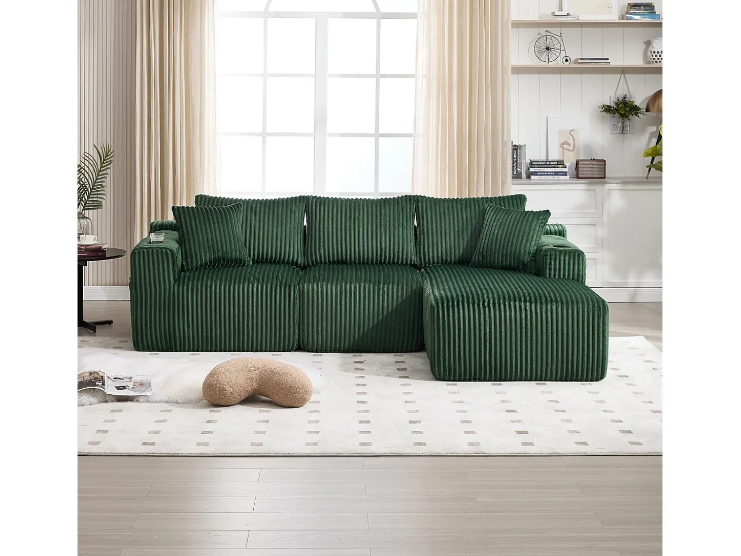 Sofá esquinero con portavasos - Sofá de 3 plazas con cinco cojines y bolsillos laterales - pana verde