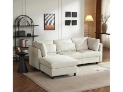Sofá esquinero contemporáneo de 3-4 plazas con cojines y otomana, en lino beige, para salón o apartamento