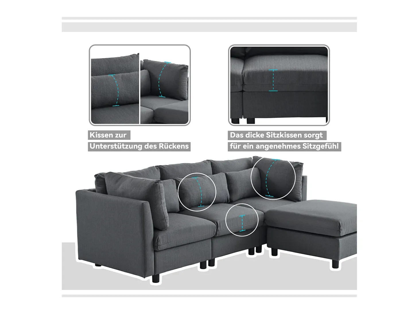 Sofá esquinero de 3 o 4 plazas, tapizado en forma de L, tejido de lino, 220 x 83 x 81 cm, color gris