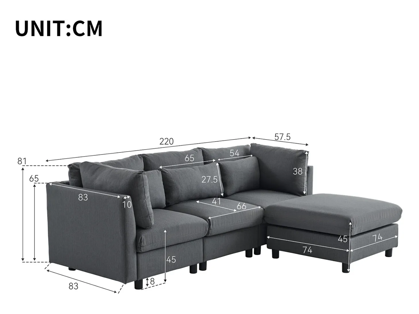 Sofá esquinero de 3 o 4 plazas, tapizado en forma de L, tejido de lino, 220 x 83 x 81 cm, color gris