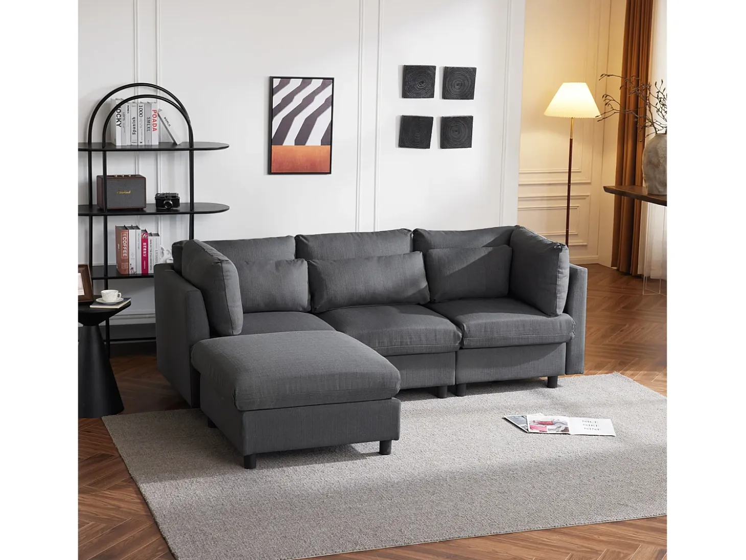 Sofá esquinero de 3 o 4 plazas, tapizado en forma de L, tejido de lino, 220 x 83 x 81 cm, color gris