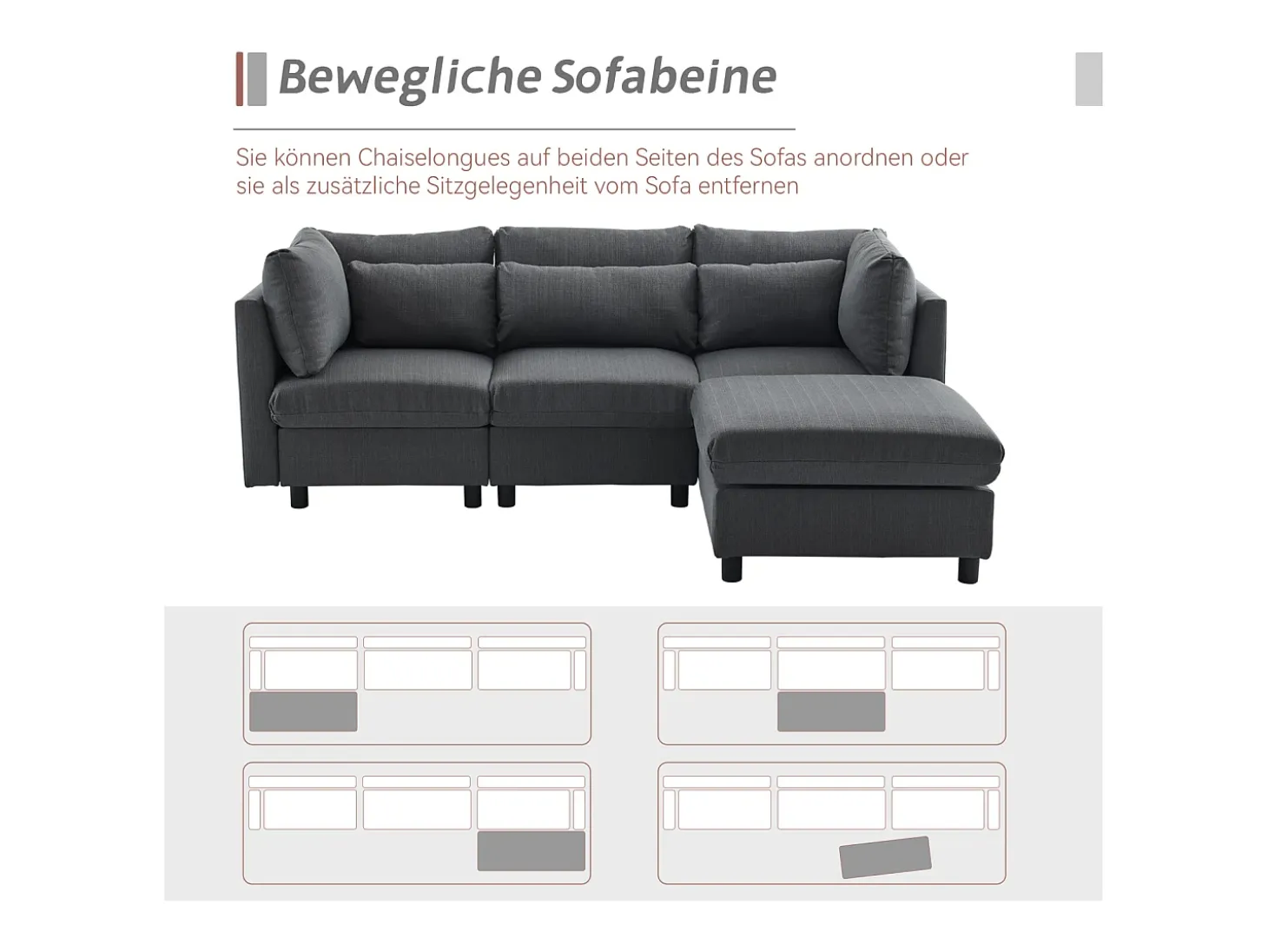 Sofá esquinero de 3 o 4 plazas, tapizado en forma de L, tejido de lino, 220 x 83 x 81 cm, color gris