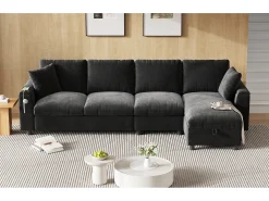 Sofá esquinero de 4 plazas con 2 reposabrazos y espacio de almacenamiento + mesa de centro plegable con 2 portavasos + puerto USB - tapizado en chenilla - gris