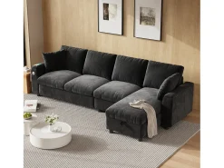 Sofá esquinero de 4 plazas con 2 reposabrazos y espacio de almacenamiento + mesa de centro plegable con 2 portavasos + puerto USB - tapizado en chenilla - gris