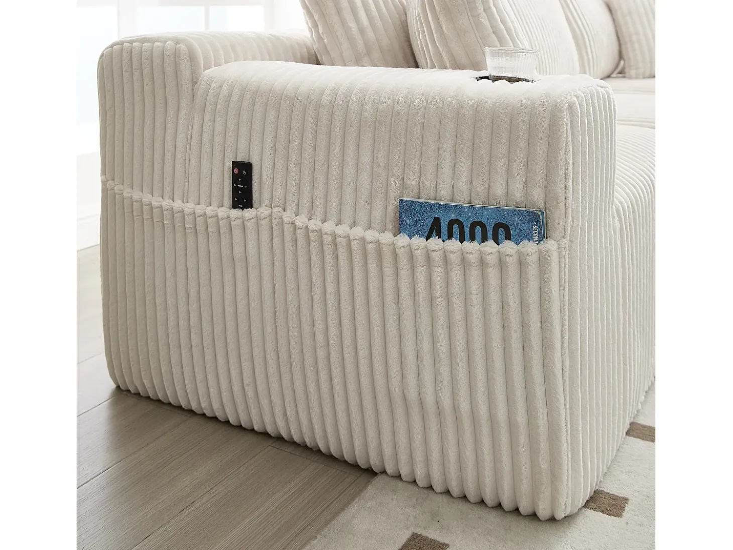 Sofá esquinero de 3 plazas con chaise longue y 5 cojines - Tejido pana - Beige
