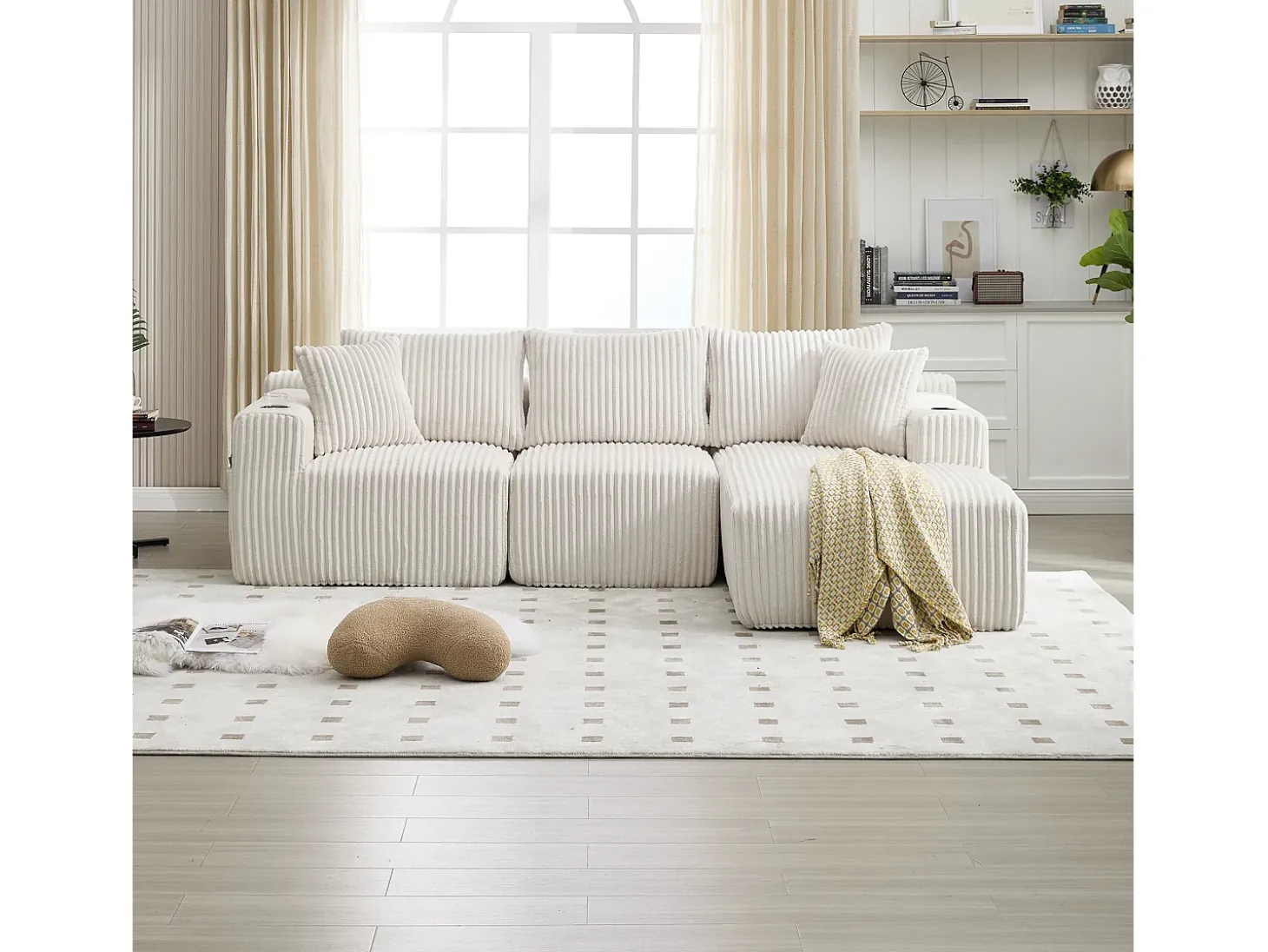 Sofá esquinero de 3 plazas con chaise longue y 5 cojines - Tejido pana - Beige