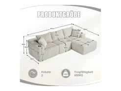 Sofá esquinero de 3 plazas con chaise longue y 5 cojines - Tejido pana - Beige