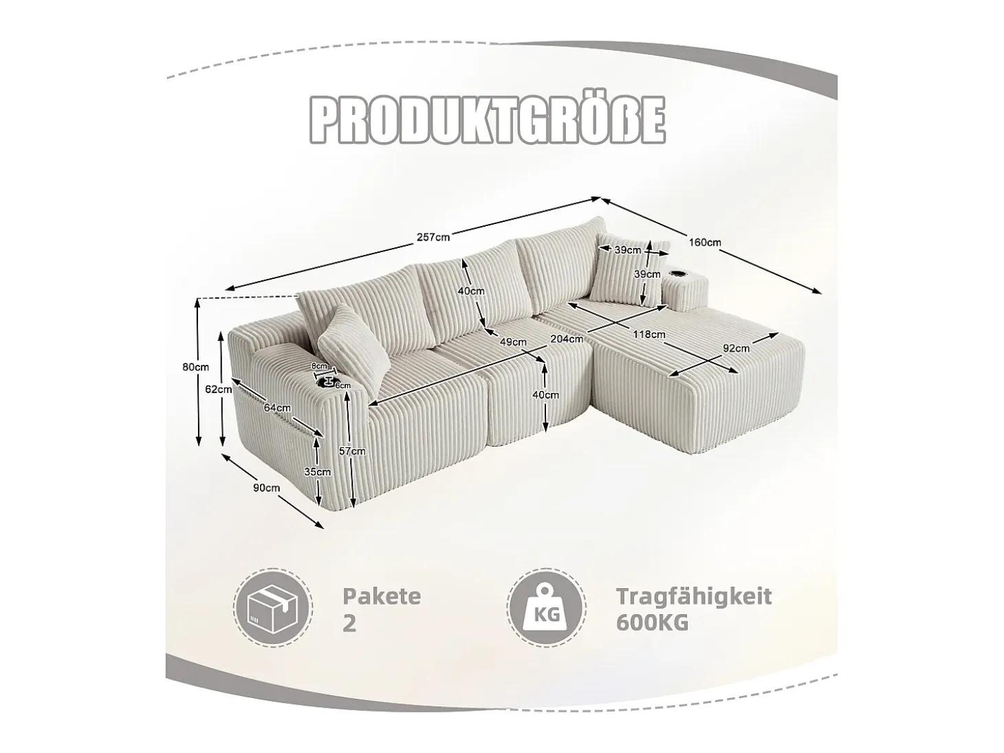 Sofá esquinero de 3 plazas con chaise longue y 5 cojines - Tejido pana - Beige