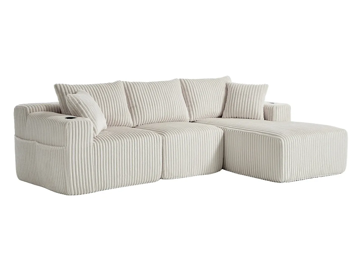 Sofá esquinero de 3 plazas con chaise longue y 5 cojines - Tejido pana - Beige