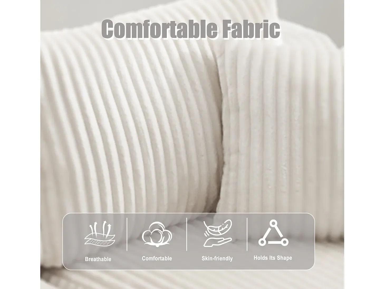 Sofá esquinero de 3 plazas con chaise longue y 5 cojines - Tejido pana - Beige