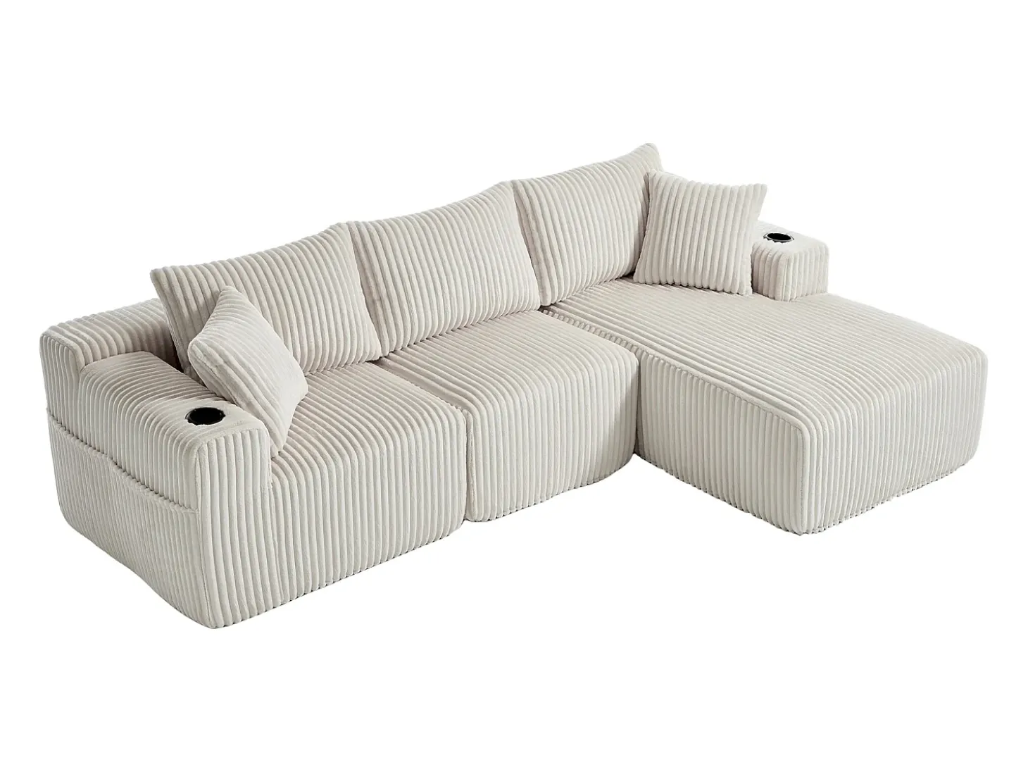 Sofá esquinero de 3 plazas con chaise longue y 5 cojines - Tejido pana - Beige