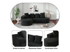 Sofá esquinero de 3 plazas con 4 cojines - Chaise longue en L - Pana negra - No requiere montaje