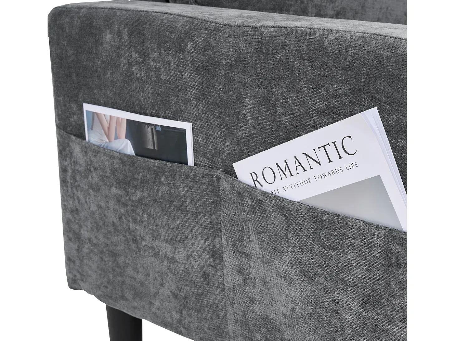 Sofá esquinero derecho - Sofá con 2 portavasos y cargador USB - lino gris