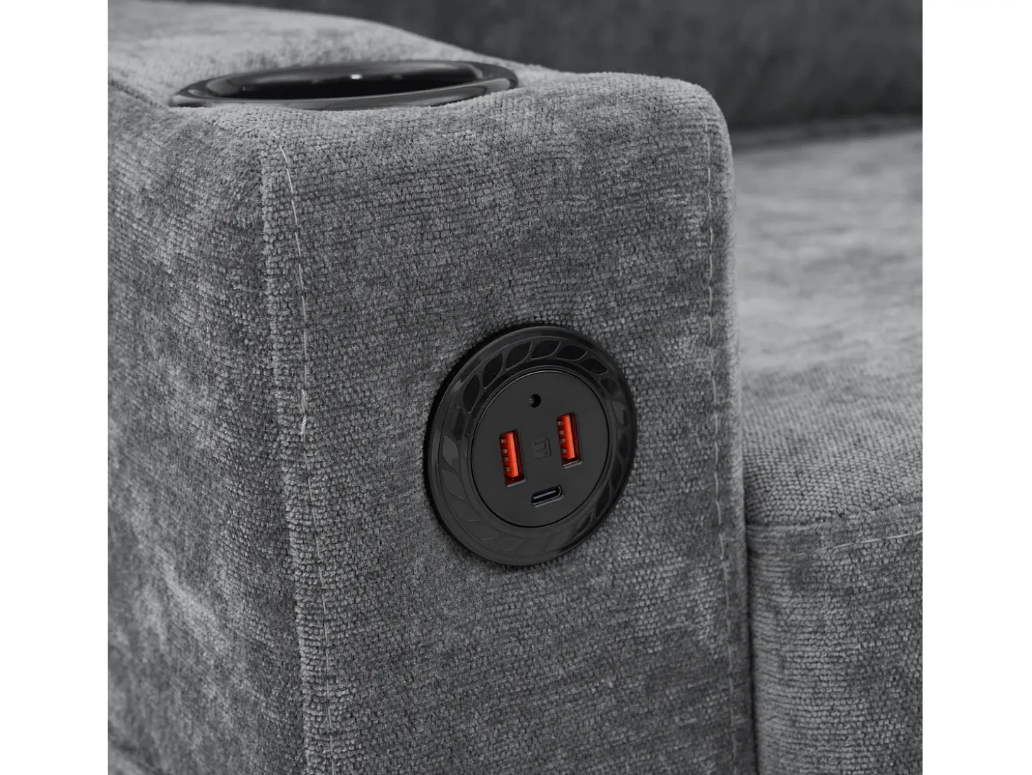 Sofá esquinero derecho - Sofá con 2 portavasos y cargador USB - lino gris