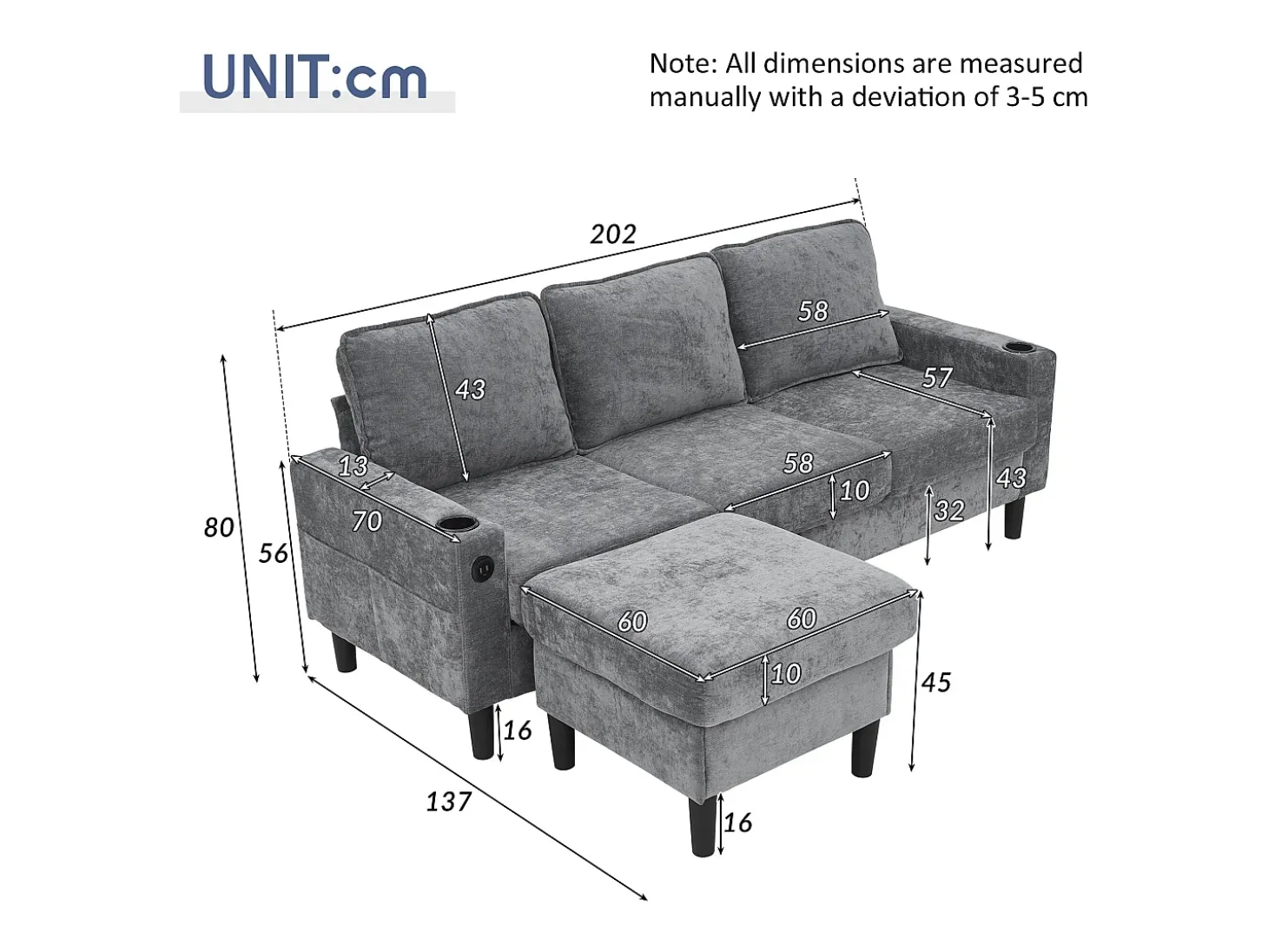 Sofá esquinero derecho - Sofá con 2 portavasos y cargador USB - lino gris