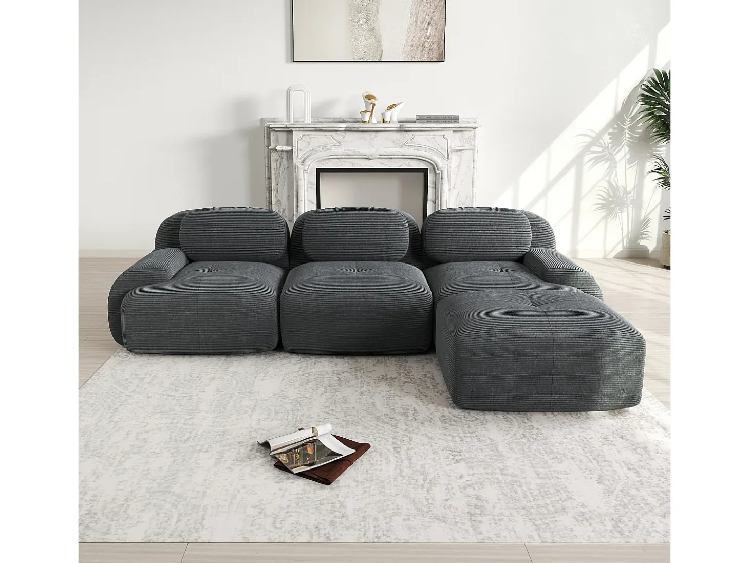 Sofá esquinero gris - Sofá de 3 plazas con reposabrazos curvos y cojines decorativos - pana