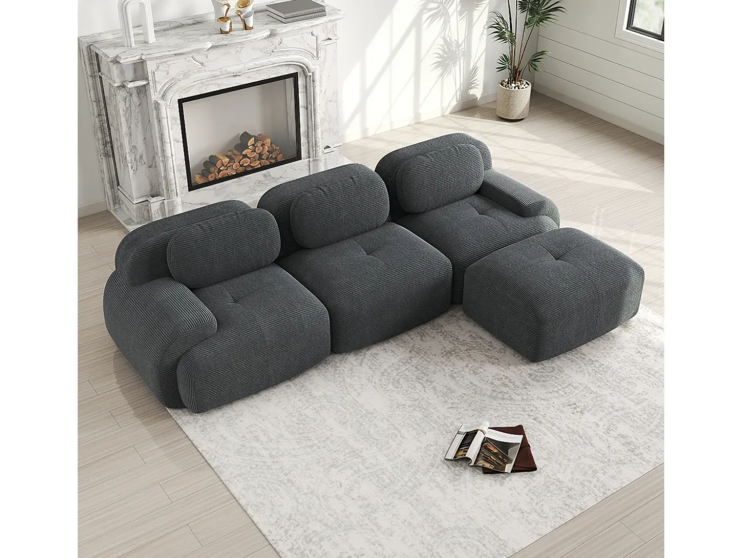 Sofá esquinero gris - Sofá de 3 plazas con reposabrazos curvos y cojines decorativos - pana