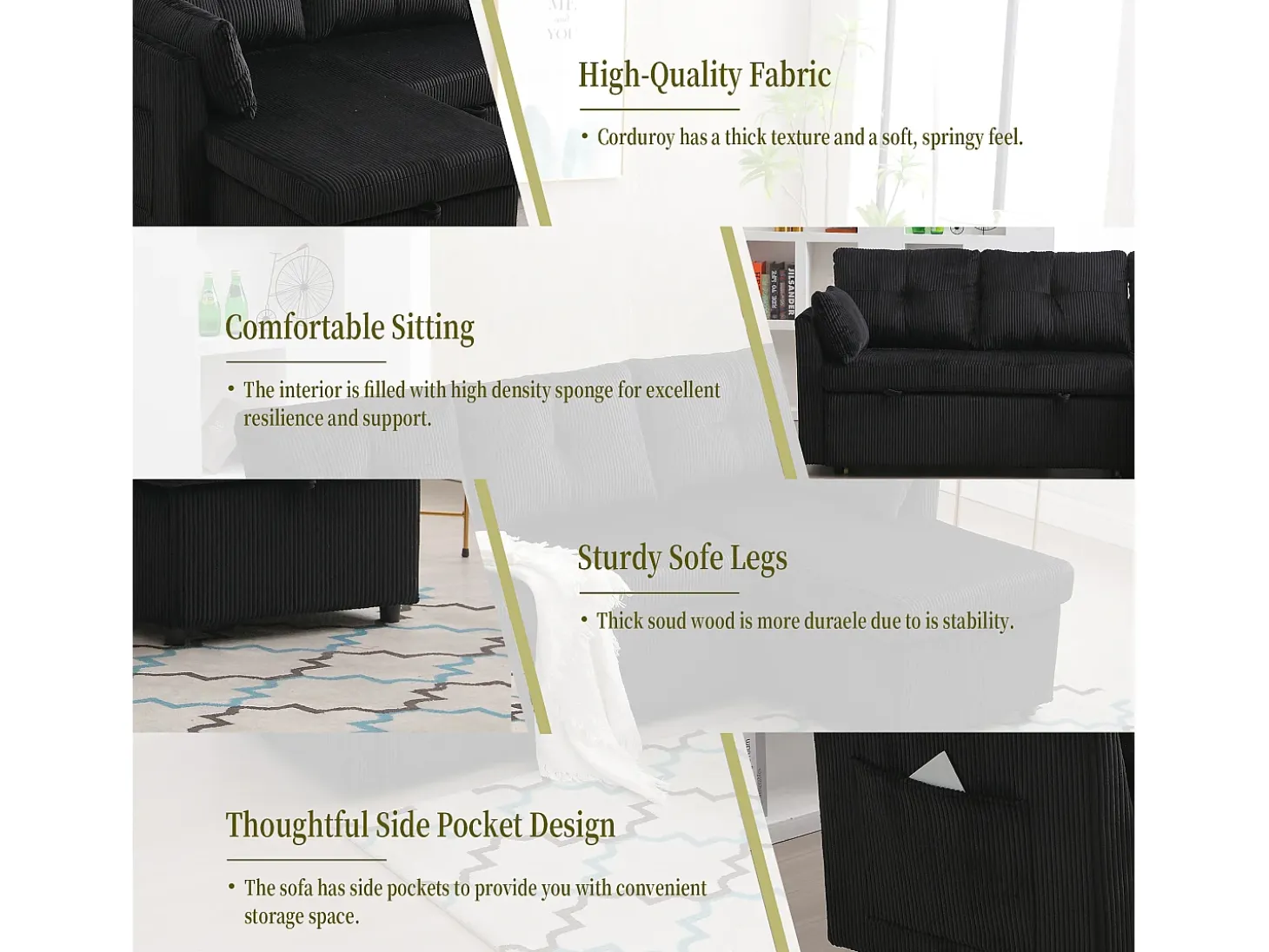 Sofá esquinero modular convertible - 3 plazas con almacenaje - Incluye cojines y bolsillo lateral - 2 en 1 (día/noche)