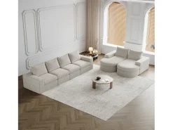 Sofá esquinero modular de 6 plazas con chaise longue - Tejido chenilla beige - No requiere montaje