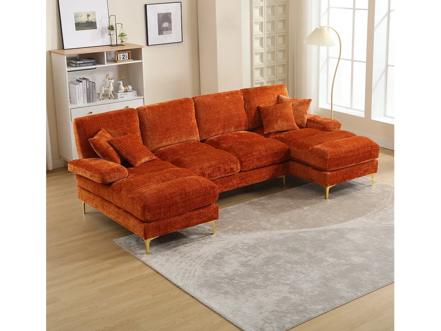 Sofá esquinero naranja - Sofá de 4 plazas con asientos y cojines - para salón y dormitorio