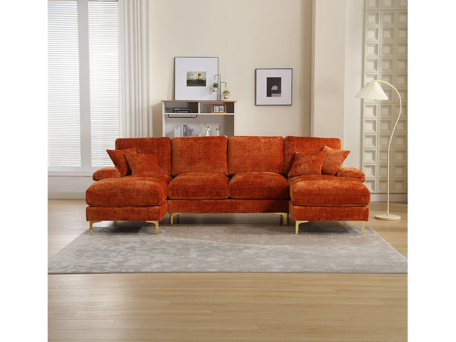 Sofá esquinero naranja - Sofá de 4 plazas con asientos y cojines - para salón y dormitorio