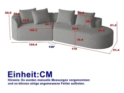 Sofá Esquinero Recto Moderno Súper Grande 4 Plazas, con 4 Cojines, Chaise Longue Curva, Tejido Chenilla, Gris Claro
