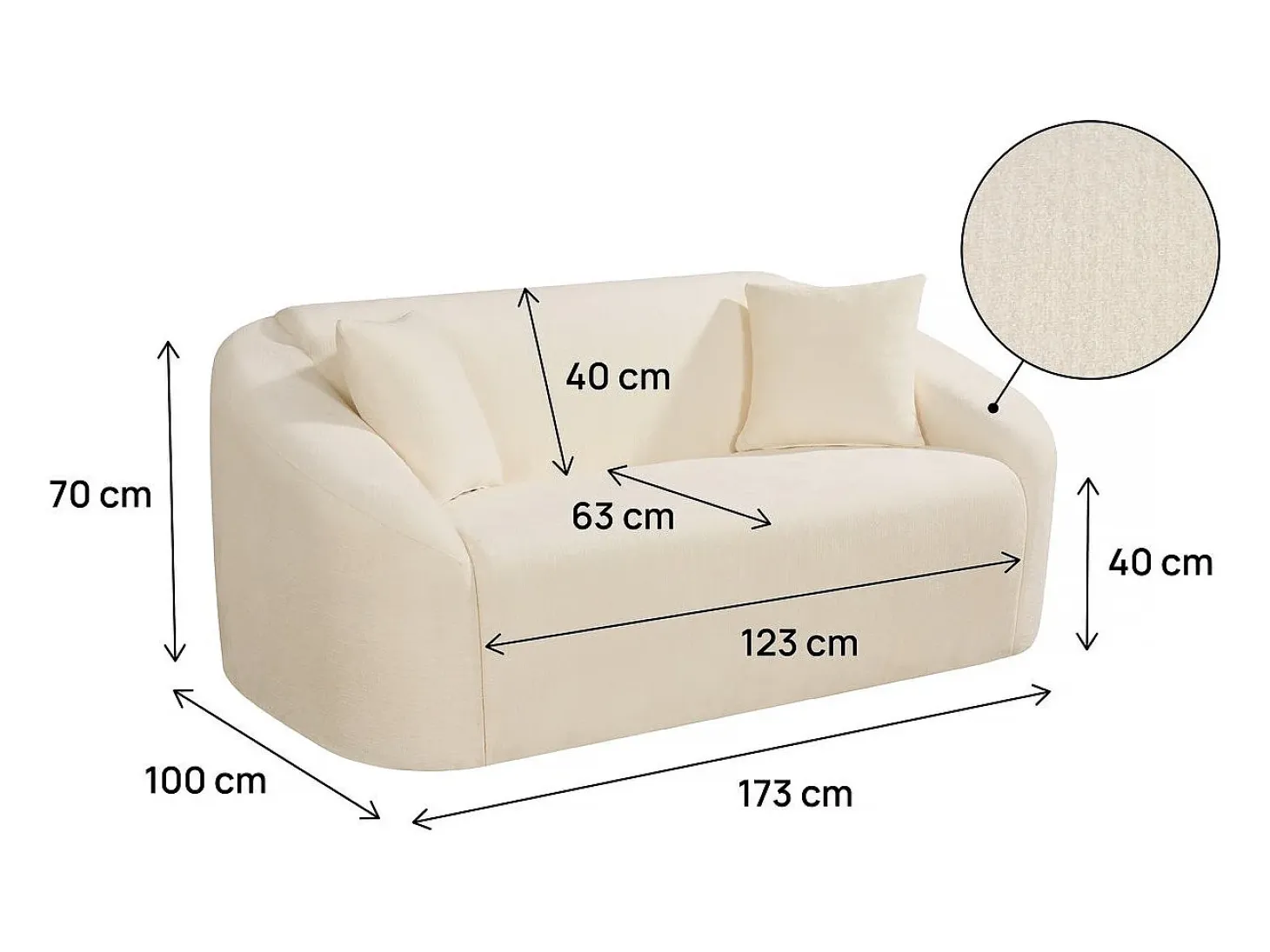 Sofá fijo recto de tela "Ondine" - 2 plazas - Beige