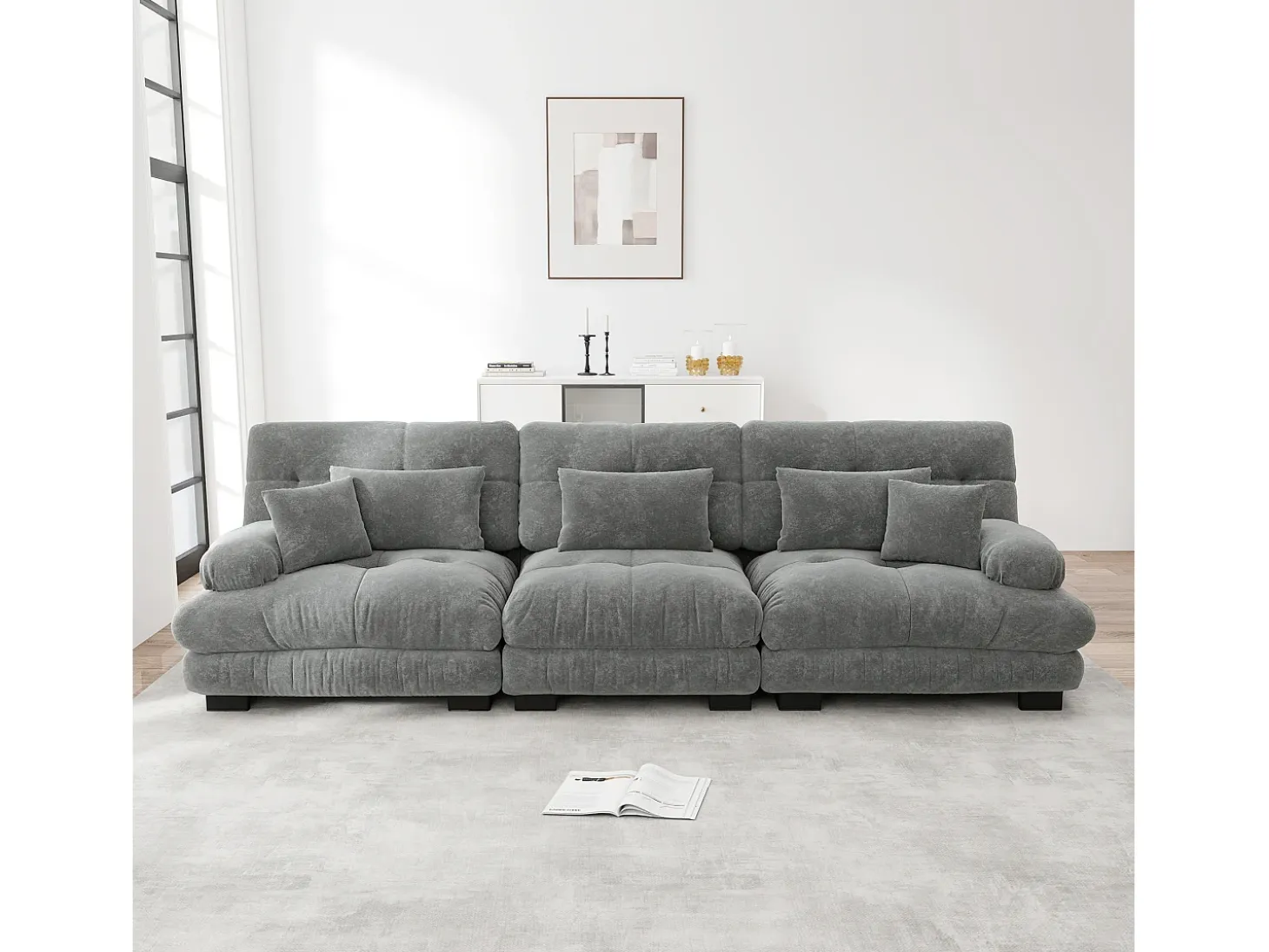 Sofá gris de 3 plazas - Sofá recto con 3 cojines lumbares y 3 cojines decorativos - chenilla