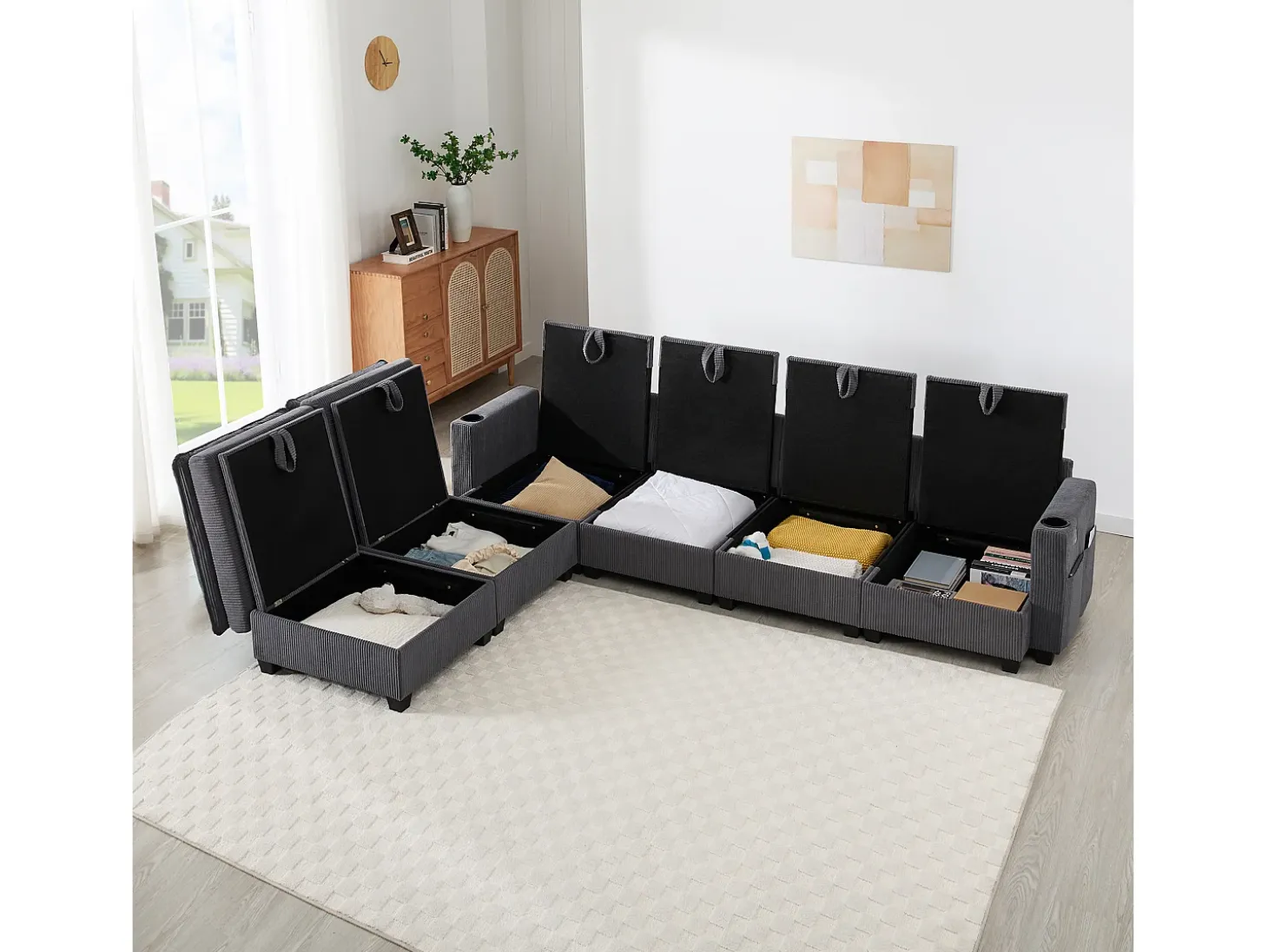 Sofá moderno - 4 plazas - Reposapiés extraíble - Puertos USB - Compartimentos de almacenamiento + Portavasos - Gris