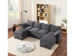 Sofá moderno - 4 plazas - Reposapiés extraíble - Puertos USB - Compartimentos de almacenamiento + Portavasos - ​​Gris​