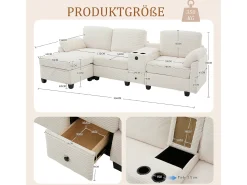 Sofá moderno de 3 plazas - 266 x 136 x 82 cm - con 2 portavasos + puerto USB-C + cajón + otomana extraíble con almacenaje - terciopelo - beige