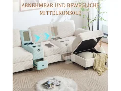 Sofá moderno de 3 plazas - 266 x 136 x 82 cm - con 2 portavasos + puerto USB-C + cajón + otomana extraíble con almacenaje - terciopelo - beige