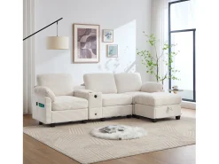 Sofá moderno de 3 plazas - 266 x 136 x 82 cm - con 2 portavasos + puerto USB-C + cajón + otomana extraíble con almacenaje - terciopelo - beige