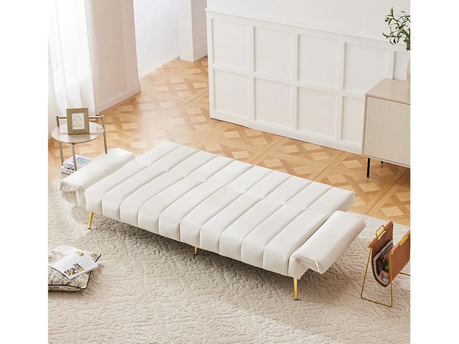 Sofá moderno de terciopelo beige con respaldo y reposabrazos ajustables – para salón, dormitorio o cine en casa