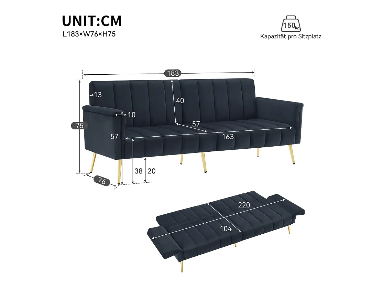 Sofá moderno de terciopelo negro con respaldo y reposabrazos ajustables – para salón, dormitorio o cine en casa