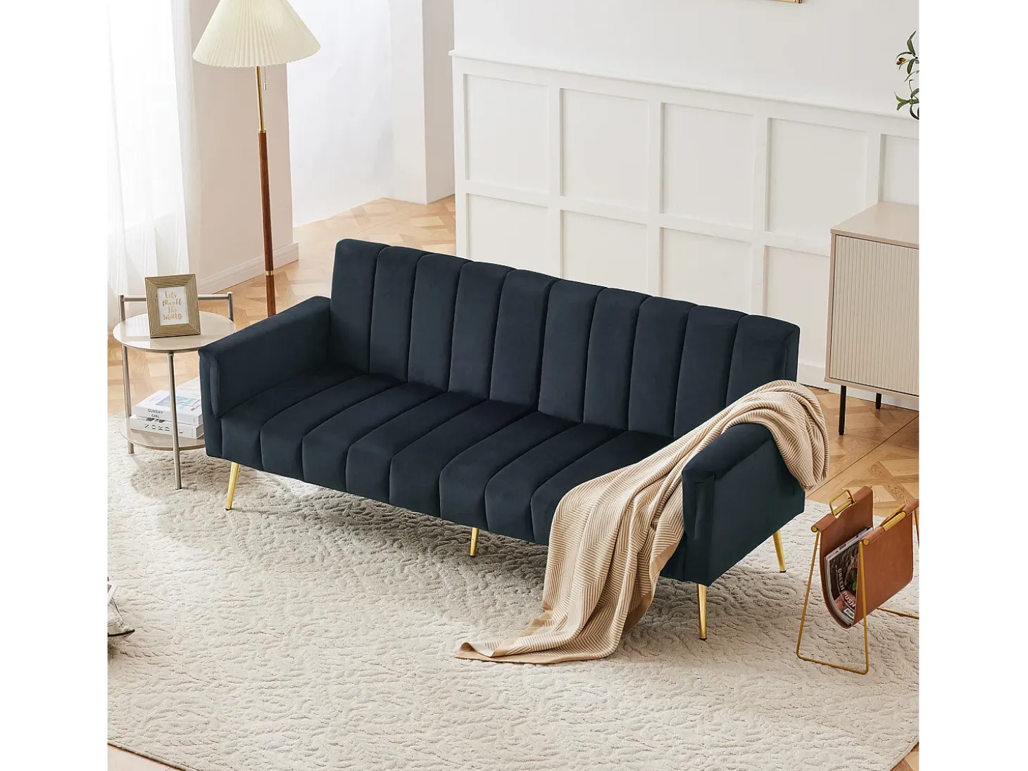 Sofá moderno de terciopelo negro con respaldo y reposabrazos ajustables – para salón, dormitorio o cine en casa