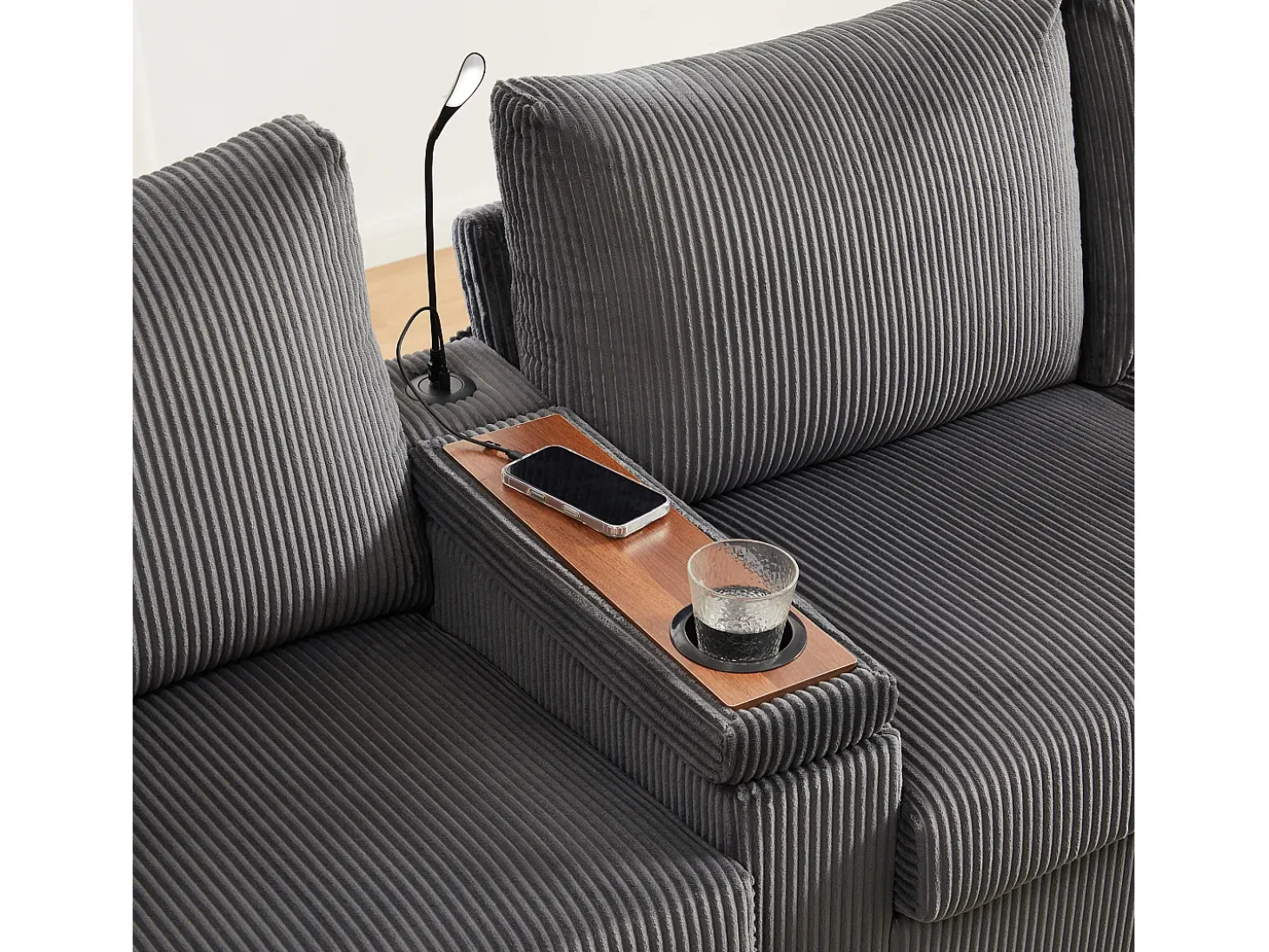 Sofá moderno en forma de U - con USB, Type-C y lámpara de lectura - con luces LED en la puerta - con portavasos y 2 reposapiés - pana acanalada - Gris