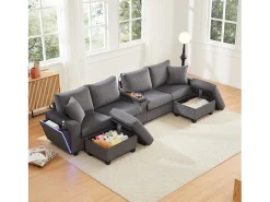 Sofá moderno en forma de U - con USB, Type-C y lámpara de lectura - con luces LED en la puerta - con portavasos y 2 reposapiés - pana acanalada - Gris