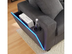 Sofá moderno en forma de U - con USB, Type-C y lámpara de lectura - con luces LED en la puerta - con portavasos y 2 reposapiés - pana acanalada - Gris