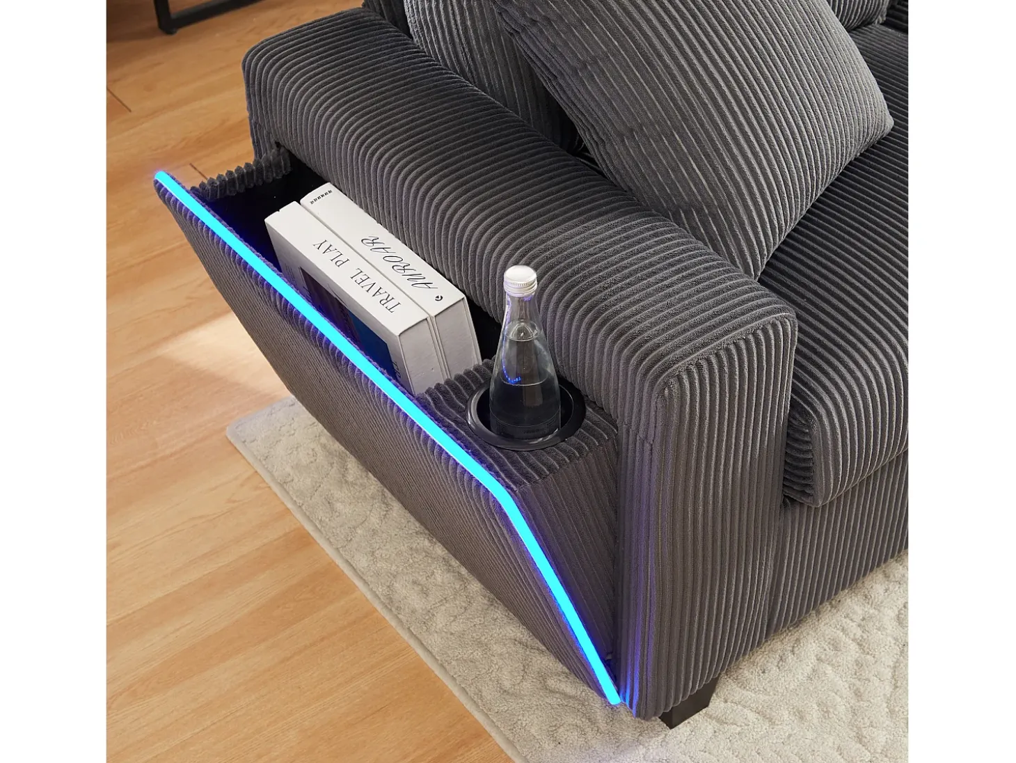 Sofá moderno en forma de U - con USB, Type-C y lámpara de lectura - con luces LED en la puerta - con portavasos y 2 reposapiés - pana acanalada - Gris