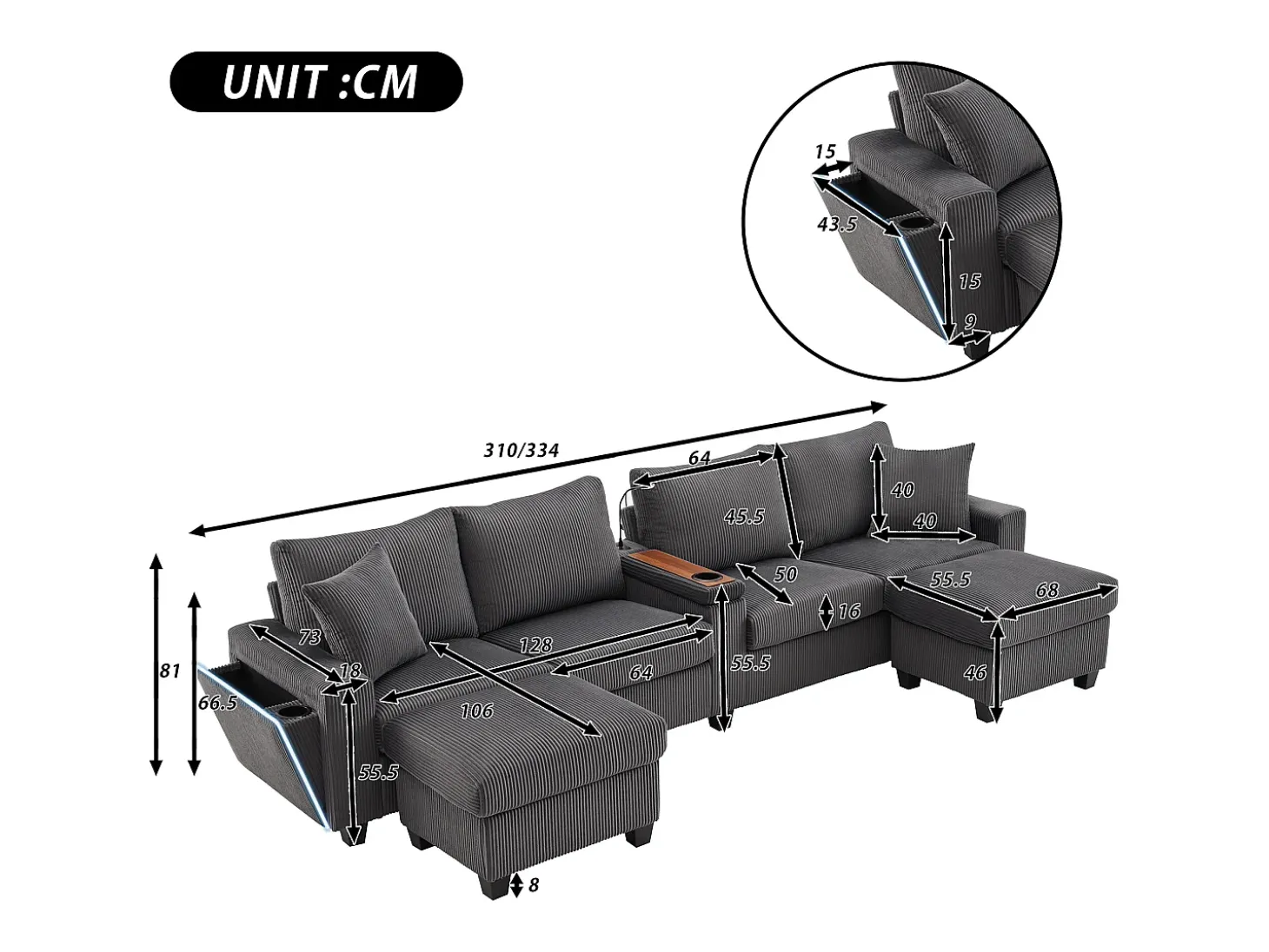 Sofá moderno en forma de U - con USB, Type-C y lámpara de lectura - con luces LED en la puerta - con portavasos y 2 reposapiés - pana acanalada - Gris