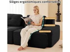 Sofá Modular 4 plazas en Pana, con otomana y 4 cojines, 382x177x69cm, Negro