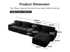Sofá Modular 4 plazas en Pana, con otomana y 4 cojines, 382x177x69cm, Negro