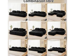 Sofá Modular 4 plazas en Pana, con otomana y 4 cojines, 382x177x69cm, Negro