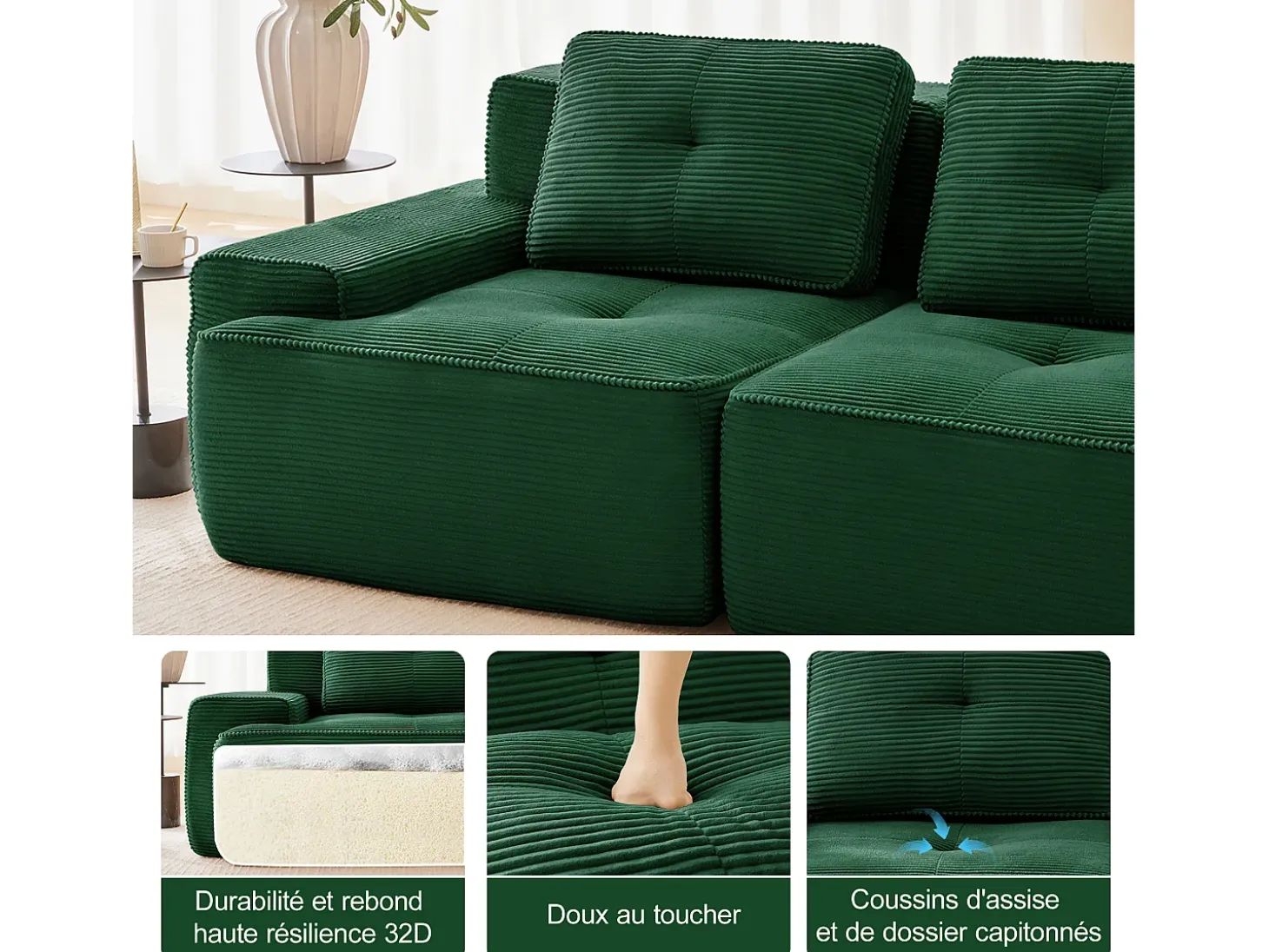 Sofá Modular 3 plazas en Pana, con 3 cojines, 74cm asiento extra profundo, 293x104x69cm, Verde