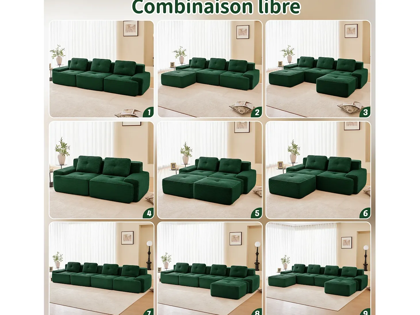 Sofá Modular 3 plazas en Pana, con 3 cojines, 74cm asiento extra profundo, 293x104x69cm, Verde
